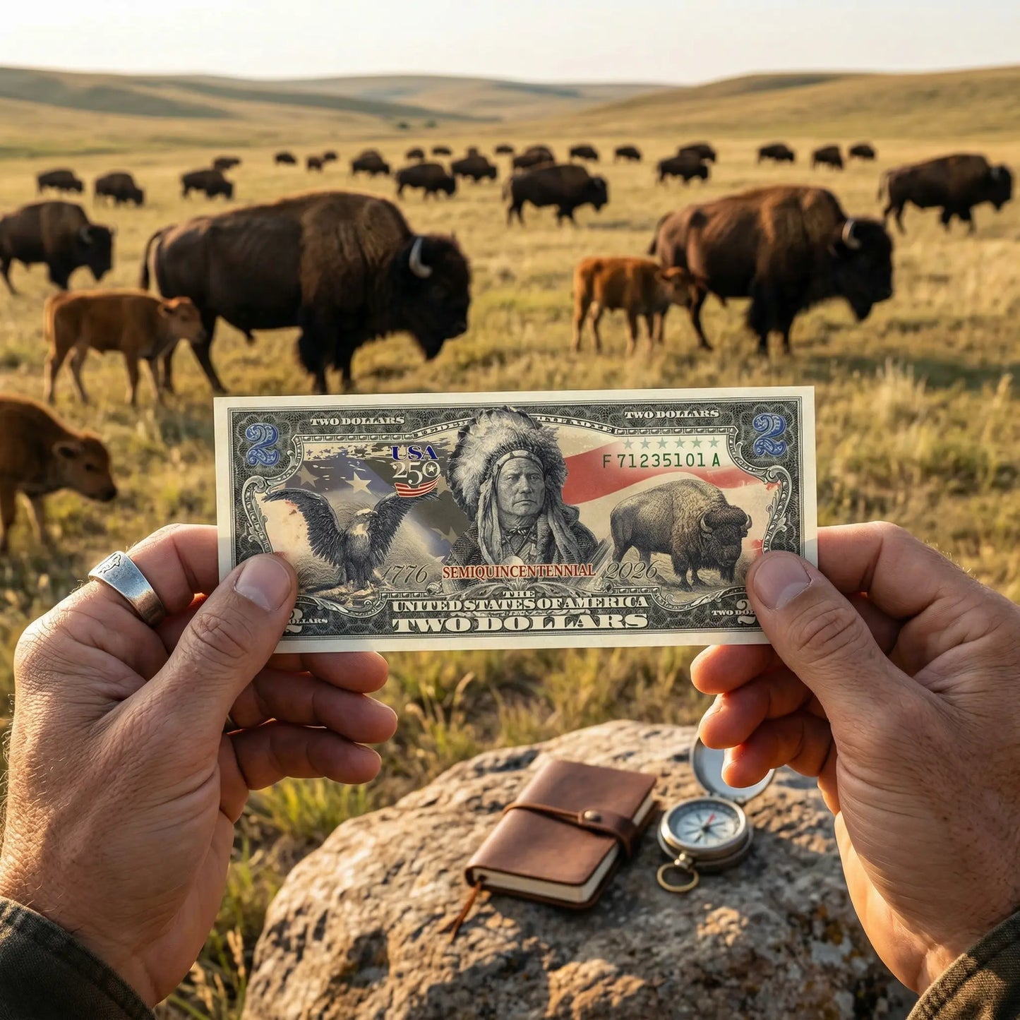 250th Anniversary $2 Bill – Black Eagle, Indian Chief & Bison Proud Patriots
