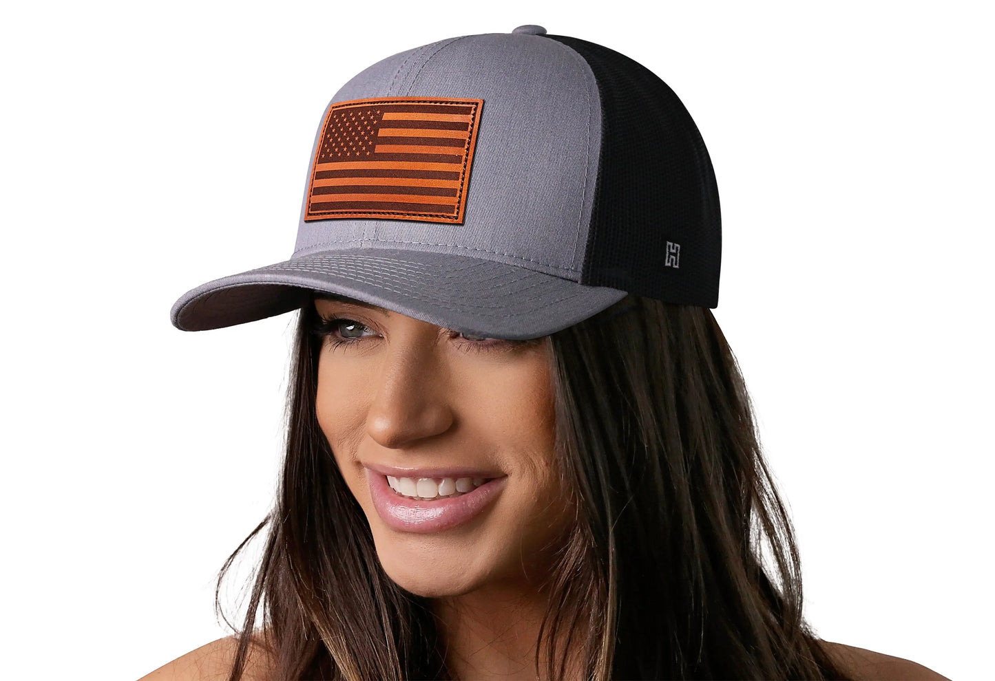 American Flag Trucker Hat Leather | Gray-Black USA Snapback Haka Hat