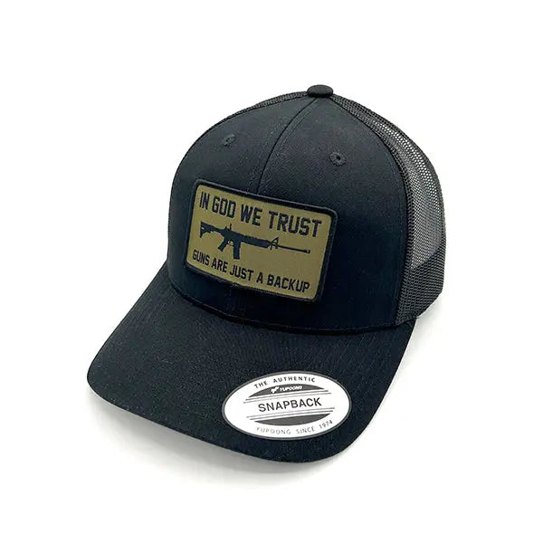 In God We Trust Guns Are Just Backup Woven Patch Hat Shield Republic