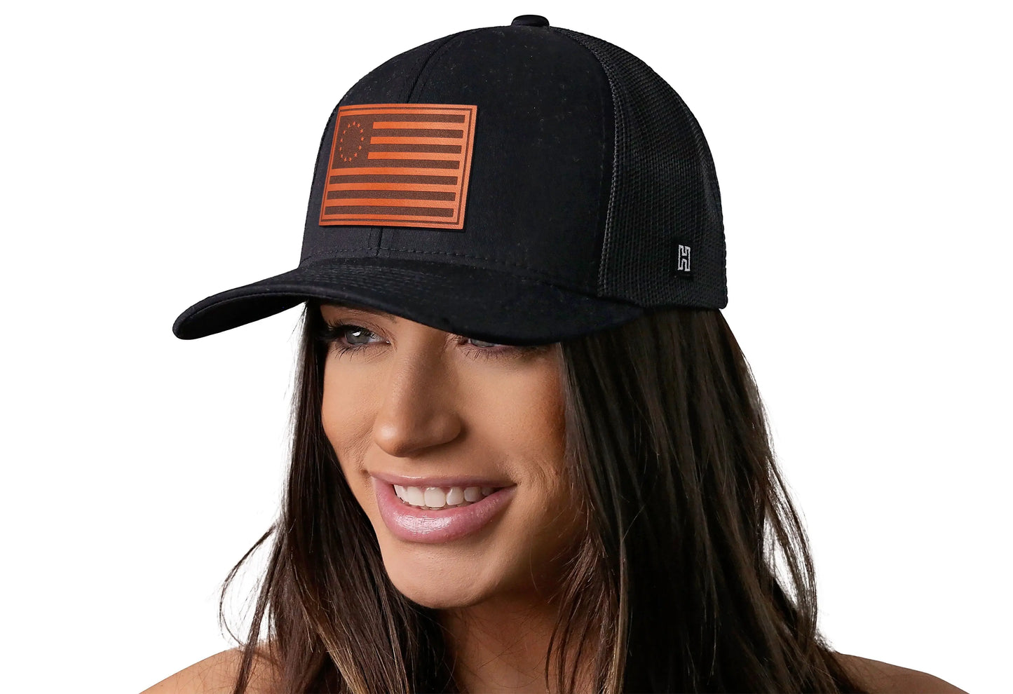 Betsy Ross Flag Trucker Hat Leather | Black USA Snapback Haka Hat