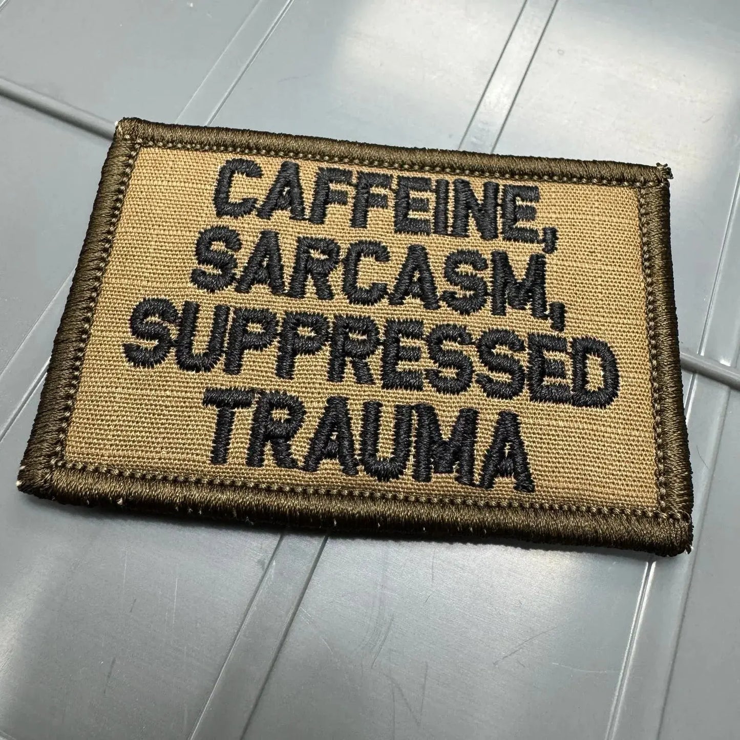 As Seen on Socials - Caffeine, Sarcasm, Suppressed Trauma - 2x3 Patch - Coyote w/Black