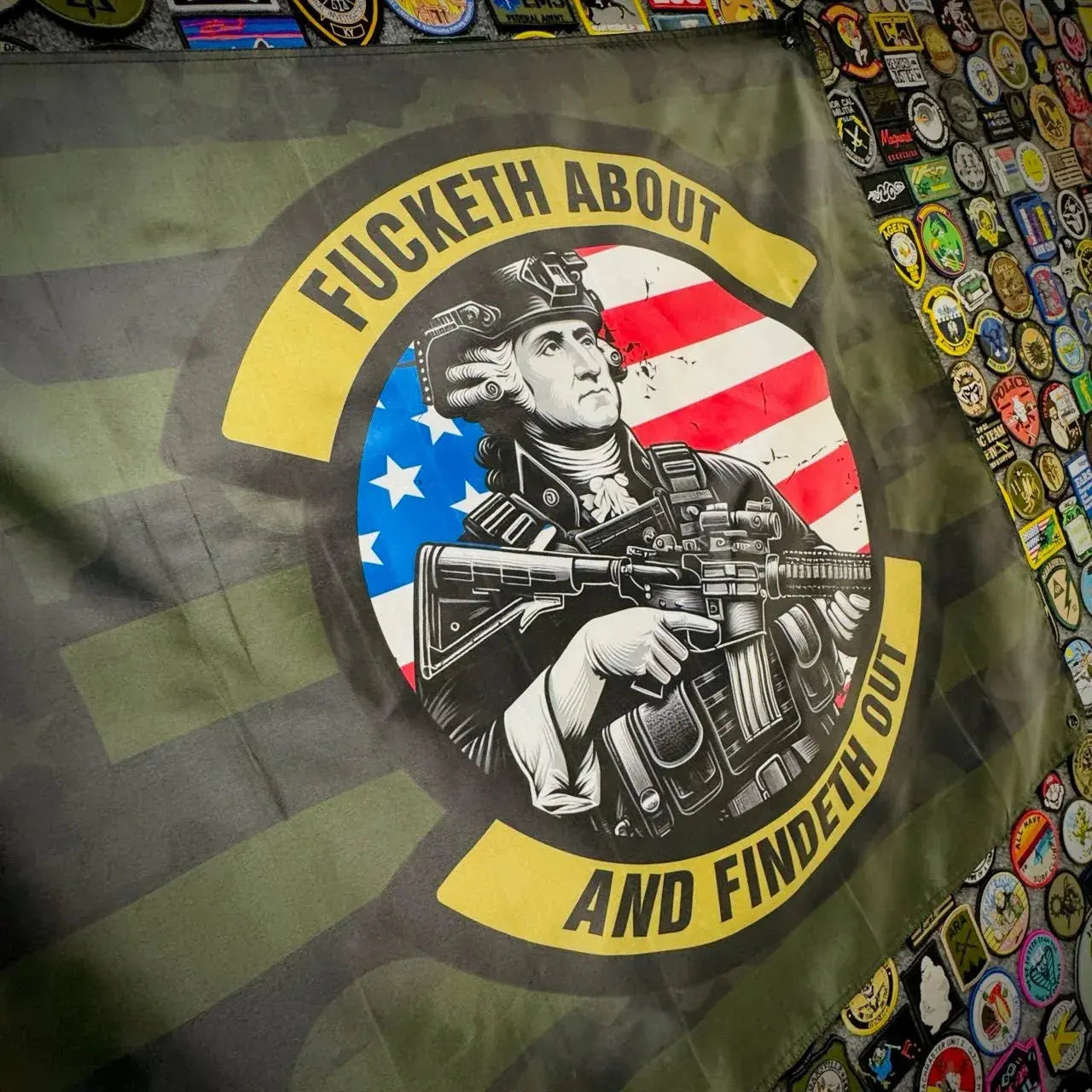 Fucketh About And Findeth Out / US Flag - 3'x5' - TGJ Wall Banner Tactical Gear Junkie