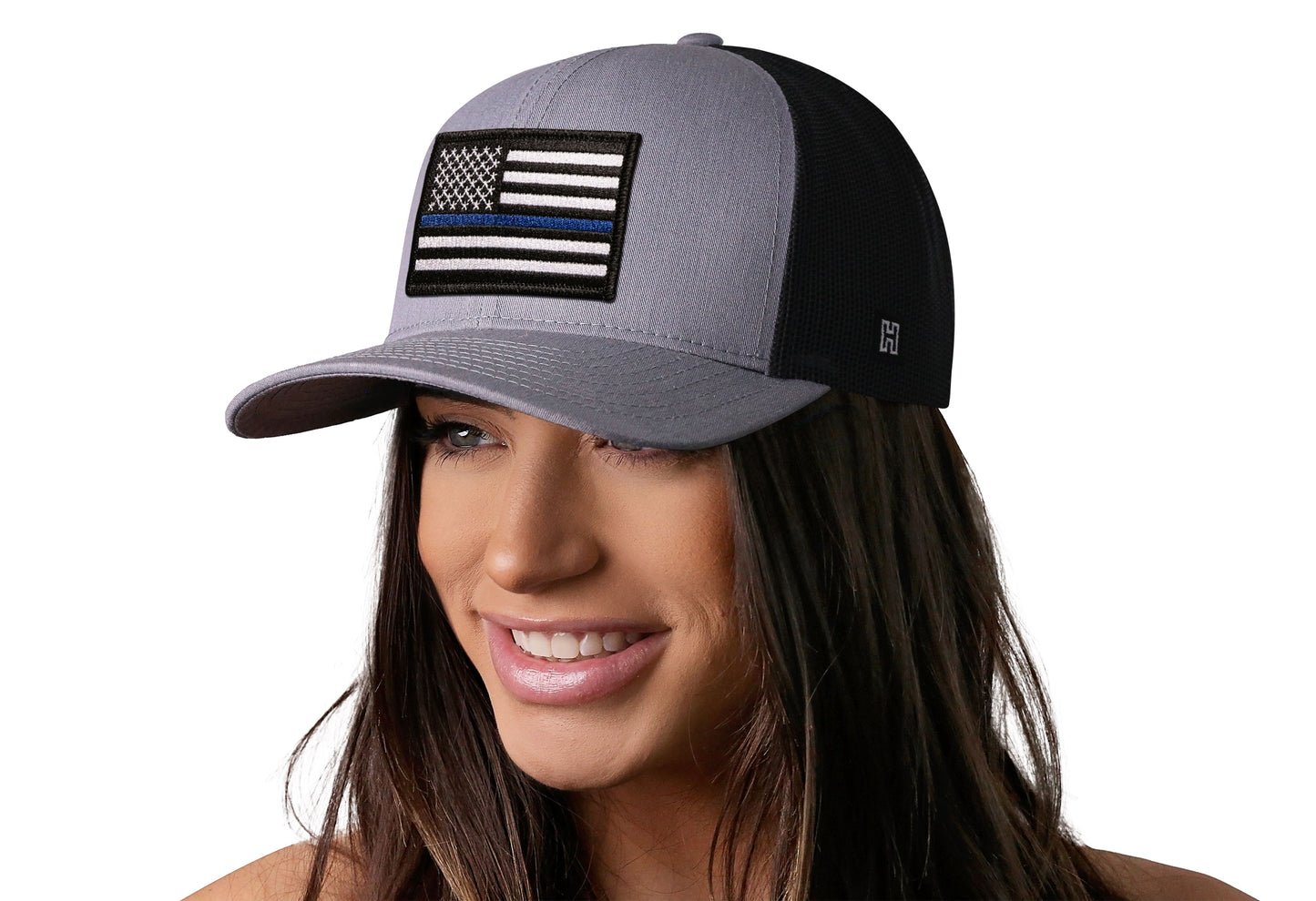Thin Blue Line Trucker Hat  |  Gray-Black Police Snapback